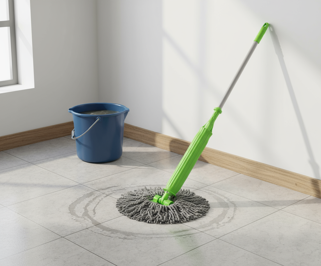 Realistic tall mop during cleaning