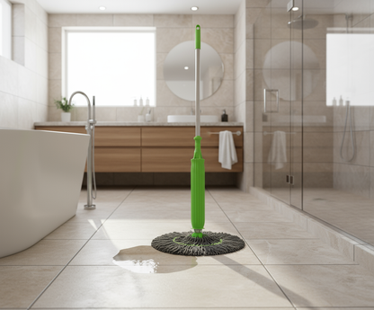 Realistic tall mop in bathroom