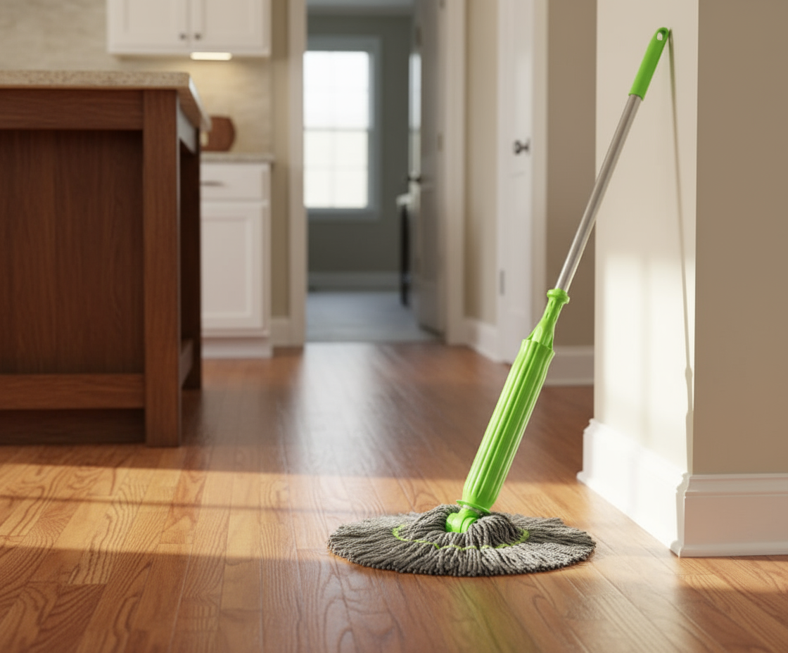 Realistic tall mop in kitchen