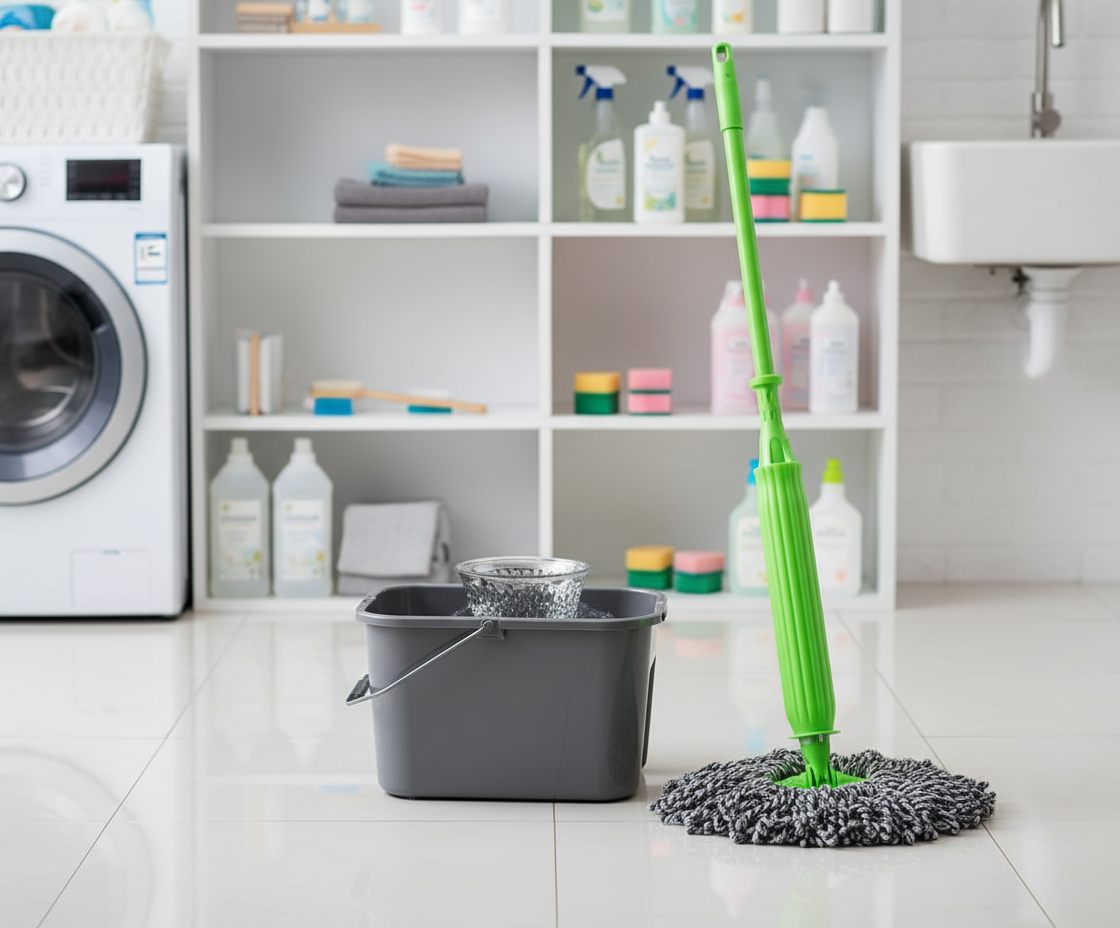 Self-Twisting Mop in utility room